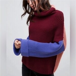 FREE PEOPLE Wine Colorblock Park City Slouchy Waffle Cotton Blend Sweater Small